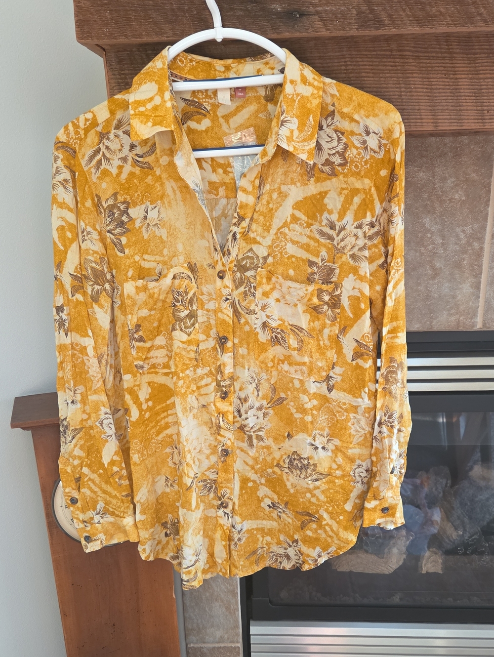 New Pilcro Lightweight Yellow Floral Print Long Sleeve Button Down Womens SP Pet